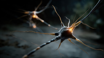 Neuron cell with glowing synapse transmitting signal in brain