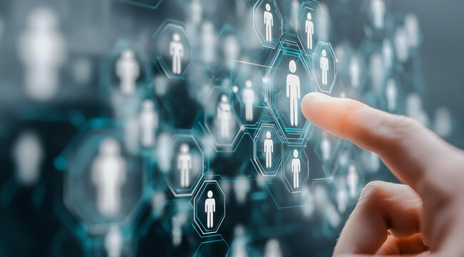 Digital people network glowing around a fingertip in a modern