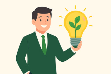 Businessman holding glowing light bulb with sprouting green plant, sustainability innovation, eco-friendly corporate energy, renewable resources, clean energy solution, environment business concept