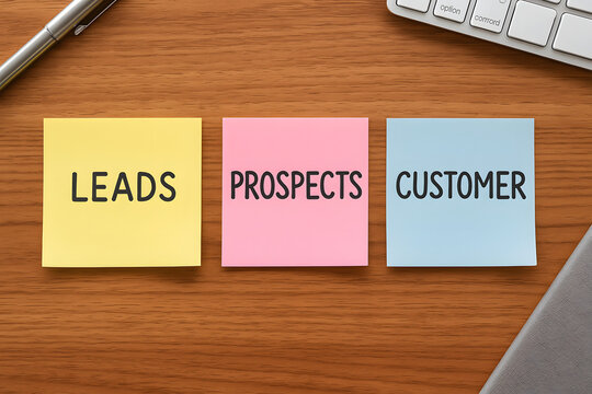 Leads prospects customer sales funnel concept sticky notes on office desk, business marketing strategy pipeline, client acquisition process management, digital CRM workflow, conversion growth planning