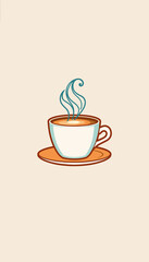 Obraz premium Hot beverage in white cup with steam on saucer and light background 