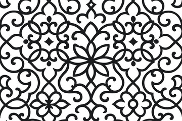 Seamless black and white floral arabesque geometric pattern background. Ornamental Islamic style decorative lattice. Traditional Arabic art inspired vector design. Abstract elegant interlaced motifs.