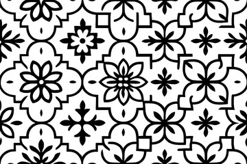Seamless black and white floral geometric pattern, classic vintage decorative ornament, retro tile vector, elegant arabesque, traditional Turkish Moroccan lattice, repeating floral backgrounds
