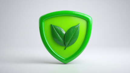 Obraz premium Green shield with two fresh leaves symbolizing eco protection