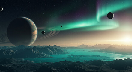 Photorealistic Alien Planet with Rings and Moons