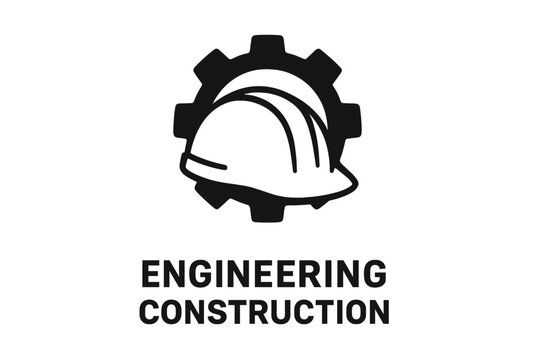 Engineering construction logo with safety helmet and gear symbol, industrial building and manufacturing icon, vector illustration for construction and engineering industry branding