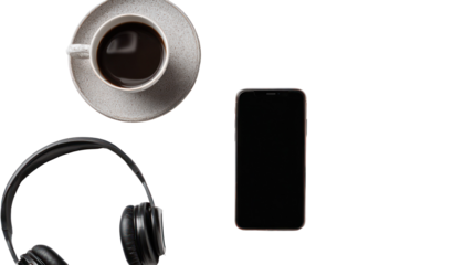 Flat Lay of Modern Smartphone with Headphones and Coffee on Transparent Background