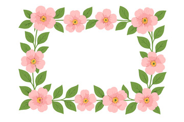 Fototapeta premium Pink floral border frame with delicate flowers and green leaves, hand-drawn illustration, isolated on transparent background, spring botanical decoration for invitation, greeting card, vector art