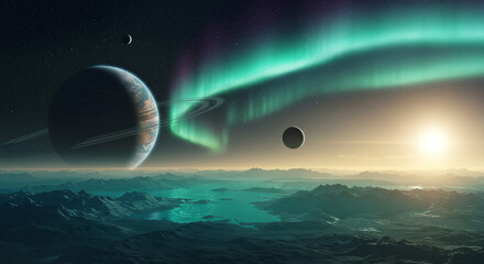 Photorealistic Alien Planet with Rings and Moons