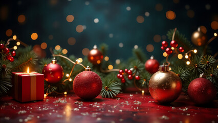 Christmas Garland with Red and Gold Baubles, Gift Box, and Candle on Festive Table