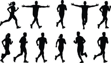 Silhouettes of runners in various poses, jogging, sprinting, athletic motion, sports fitness concept, human movement, exercise, running illustration