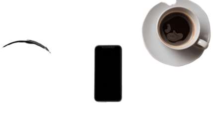 Flat Lay of Modern Smartphone with Headphones and Coffee on Transparent Background