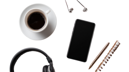 Flat Lay of Modern Smartphone with Headphones and Coffee on Transparent Background