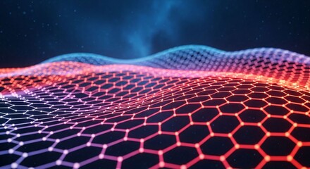 Fototapeta premium An undulating surface of a glowing hexagonal mesh in red and blue against a cosmic background.