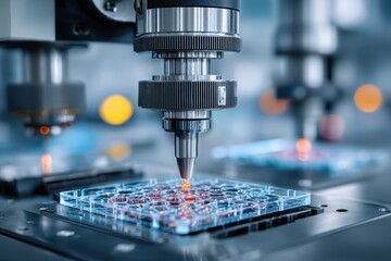 Automated precision dispensing machine for high-throughput screening in pharmaceutical or biotechnology laboratories, demonstrating efficiency and accuracy in research.