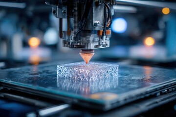 Close-up of a 3D printer creating a complex geometric structure, highlighting precision and technological innovation in advanced manufacturing process.