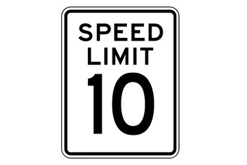 Speed Limit 10 mph Sign Vector. Road Traffic Regulation Warning Symbol. Urban Street Safety Limit Notice. Black and White Rectangular Highway Caution. Transportation Law Graphic Illustration