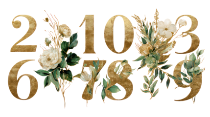 Gold Floral Number Set Digits on Transparent Background