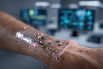A futuristic display of wearable technology integrated into human skin on a wrist, showcasing potential of bionic augmentation and advanced sensory devices on blurred background.