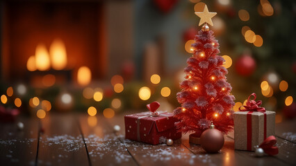 Red Christmas Tree with Gift Boxes in Cozy Fireplace Background