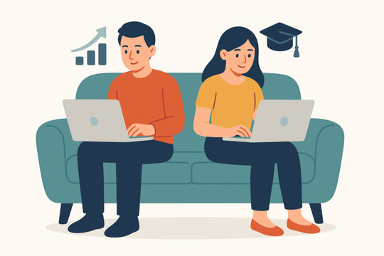Remote learning teamwork, man and woman studying together online with laptops on sofa, digital education, e-learning, home study, academic growth, graduation goal, modern work, distance training - Powered by Adobe