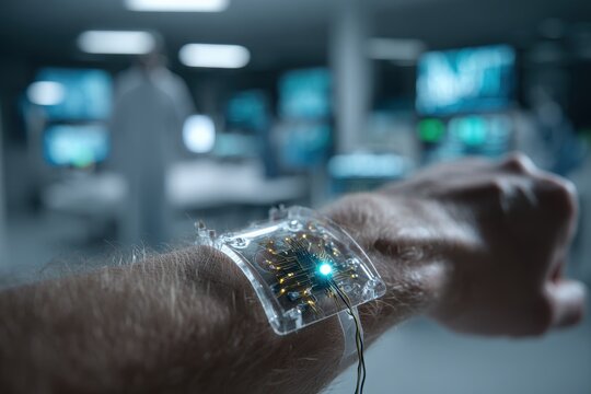 A futuristic wearable technology device is attached to a human arm, showcasing advanced technological integration and potential healthcare or data monitoring applications.