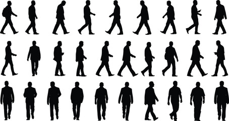 Walking people silhouettes in various poses, human gait vector art, motion study design, pedestrians illustration, backpack figure icon set