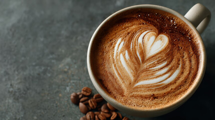Latte art coffee cup with heart shape foam on dark surface
