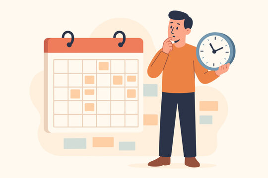 Time management concept, person holding clock and standing by calendar, planning, organizing schedule, weekly and monthly oversight, productivity, decision making. Flat vector illustration.