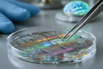 Close-up of a microchip in a petri dish, being handled with tweezers in a lab environment, showcasing advanced technology and precision manufacturing processes.