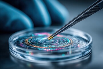 A focused image of a scientist manipulating a colorful microchip with precision tweezers in a sterile laboratory environment for advanced technological research.