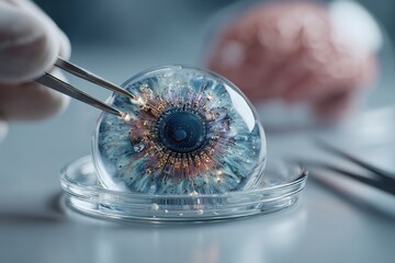 Close-up of a futuristic artificial eye in a petri dish, being manipulated with tweezers, showcasing advanced bioengineering and technological innovation for vision enhancement.