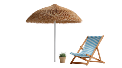 Beach Bliss: A straw umbrella casts a gentle shade over a striped deck chair. The scene evokes relaxation, warmth, and a carefree atmosphere, perfect for a moment of leisure.