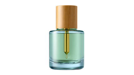Aroma Essence: A stylish, minimalist essential oil bottle showcases a refreshing, light green liquid with a natural wooden cap, epitomizing purity and tranquility.