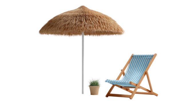 Beach Bliss: A straw umbrella casts a gentle shade over a striped deck chair. The scene evokes relaxation, warmth, and a carefree atmosphere, perfect for a moment of leisure.