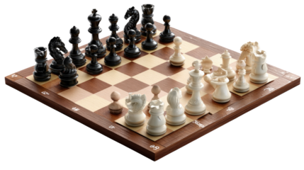 Chessboard Strategy: A captivating high-angle view of a chessboard, poised with meticulously arranged pieces, ready for the strategic dance of intellect.