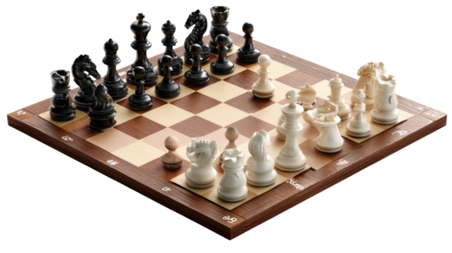 Chessboard Strategy: A captivating high-angle view of a chessboard, poised with meticulously arranged pieces, ready for the strategic dance of intellect.