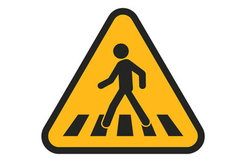Pedestrian crossing warning sign vector. Yellow traffic safety alert triangle. Crosswalk road symbol with person walking. Urban street signage for pedestrian safety. Highway caution icon design.