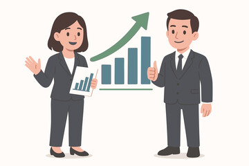 Two business professionals analyzing rising growth chart and graph, teamwork discussing financial success, upward arrow, corporate strategy meeting, achieving profit targets, flat vector illustration
