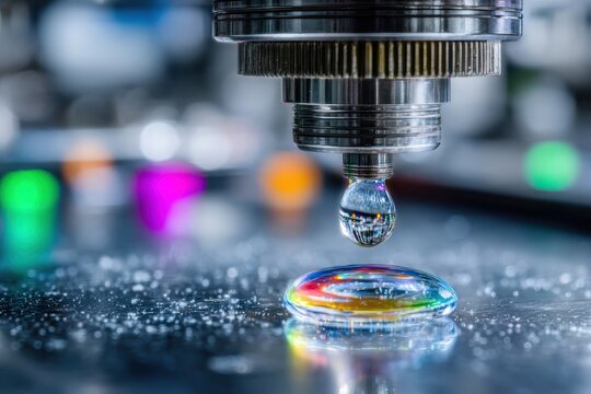 Macro photograph capturing a water droplet suspended above a surface, showcasing rainbow reflections, creating a captivating display of light and color, detailed view.