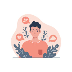 Young Man with Thought Sign Icons in a Calm Space