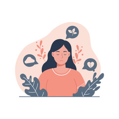 Illustration of a Sad Woman with Thought Bubbles Representing Emotions
