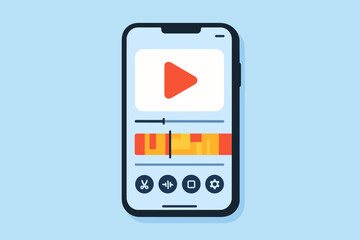 Video editing app on smartphone device. Mobile video edit interface, vector illustration. Audio waveform, play button, editing controls. Digital content creation, social media, mobile technology.