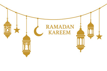 Ramadan Kareem hanging lanterns garland. Islamic ornamental lanterns, golden crescent moon and stars. Muslim festival, oriental eid decoration, festive greeting vector, religious holiday design.