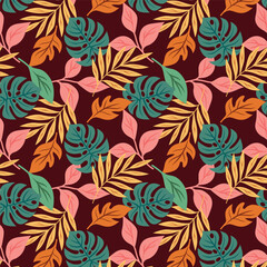 Seamless Pattern of Tropical Leaves on a Burgundy Background