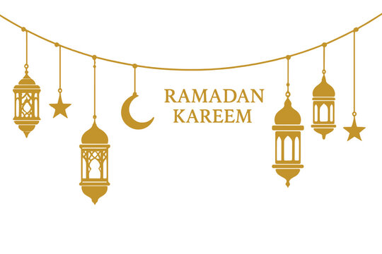 Ramadan Kareem hanging lanterns garland. Islamic ornamental lanterns, golden crescent moon and stars. Muslim festival, oriental eid decoration, festive greeting vector, religious holiday design. - Powered by Adobe