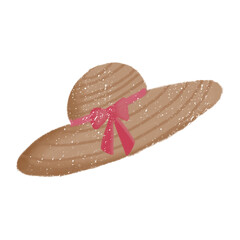 Hand-Drawn Summer Straw Hat with Pink Ribbon &ndash; PNG Illustration with Transparent Background. Perfect for vacation graphics, summer-themed projects, beach posters, packaging, and fashion illustrations.