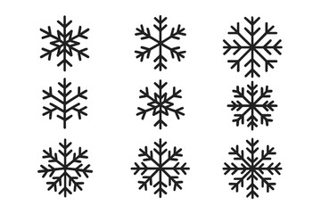 Winter snowflake icon set. Black outline snowflakes collection. Minimal Christmas and winter symbols. Variety of geometric ice crystal shapes. Isolated vector illustration for decoration and design.
