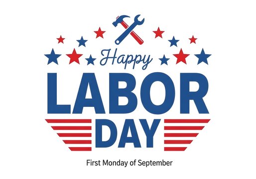 Photo of happy labor day emblem with american flag elements, stars, stripes, hammer, and wrench, celebrating workers and national holiday
