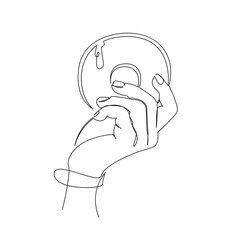 One continuous single drawing line art flat doodle people, doughnut, human hand, human body part, sweet food, eating, sugar - food. Isolated image hand draw contour on a white background, hand drawn, 